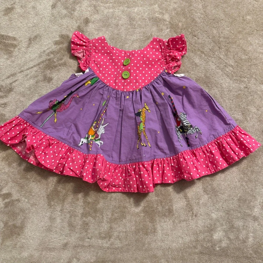 Eleanor Rose Girls Carousel Animal Polka Dot Ruffle Dress Purple Pink 6M
